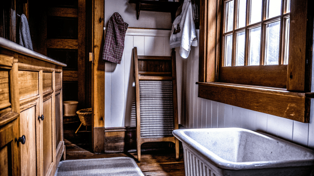 Antique The image showcases a stylish laundry room featuring a combination of custom cabinetry and antique finds including old wooden cabinets painted in a fresh color Rustic elements like vintage washboards and a classic drying rack add charm and personality to the space creating a warm and functional environment perfect for laundry day