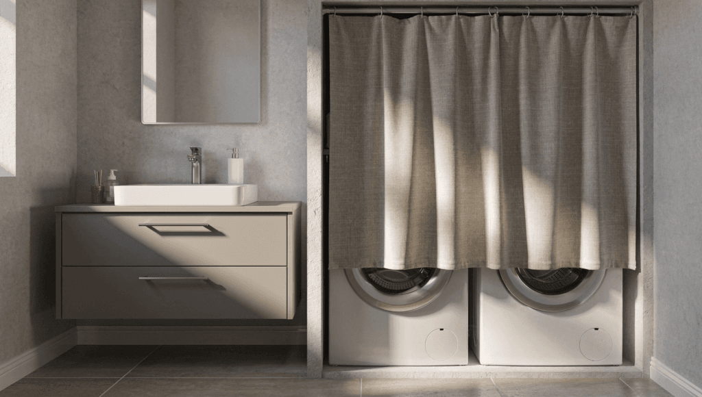 Efficiency in a small bathroom The image depicts a small bathroom laundry room combo featuring a washer and dryer discreetly tucked into an alcove covered by a simple curtain to maintain a clean aesthetic The space is thoughtfully designed with additional areas for sorting clothes and storing cleaning supplies maximizing efficiency while ensuring it feels more like a bathroom than a laundry room