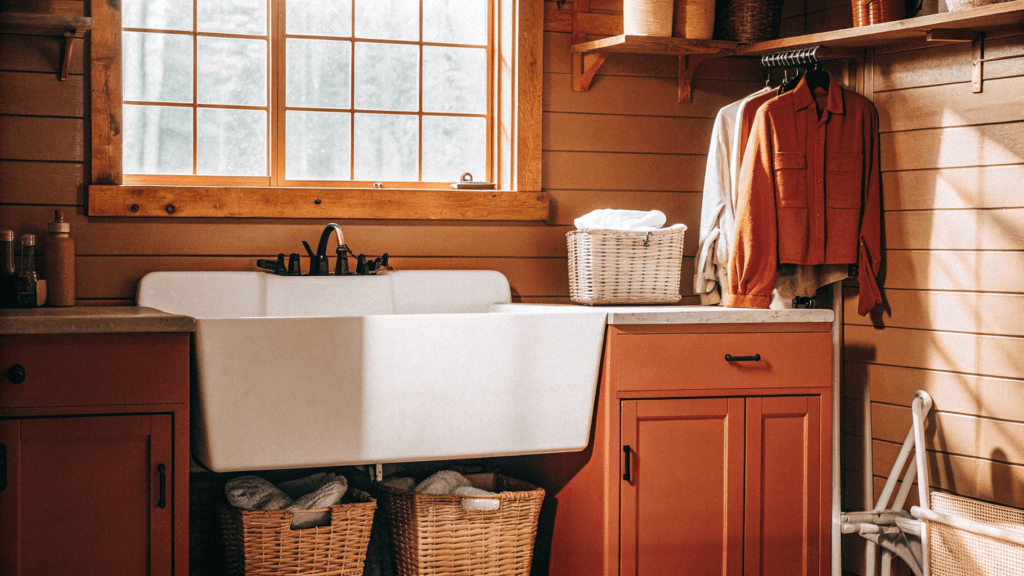 Farmhouse sink The image features a small laundry room centered around a large farmhouse sink showcasing its rustic charm and functionality This stylish laundry room combines practical elements with a warm country style design making it an ideal space for laundry day tasks