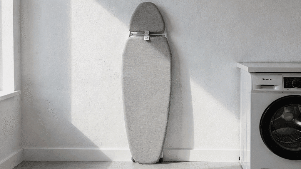 Ironing board A gray ironing board leaning against a white wall beside a washing machine