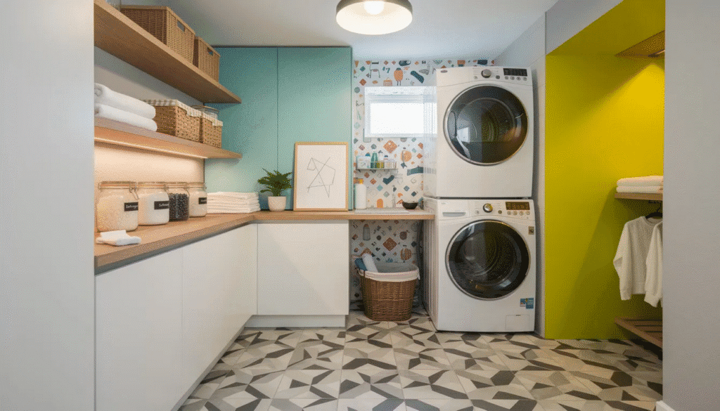 Laundry room design The image showcases a beautifully designed laundry room featuring white cabinets and walls with vibrant accents that add personality to the space Organized shelves hold cleaning supplies and laundry baskets while a stylish countertop offers ample space for folding clothes demonstrating effective laundry room design that combines functionality with modern interior style
