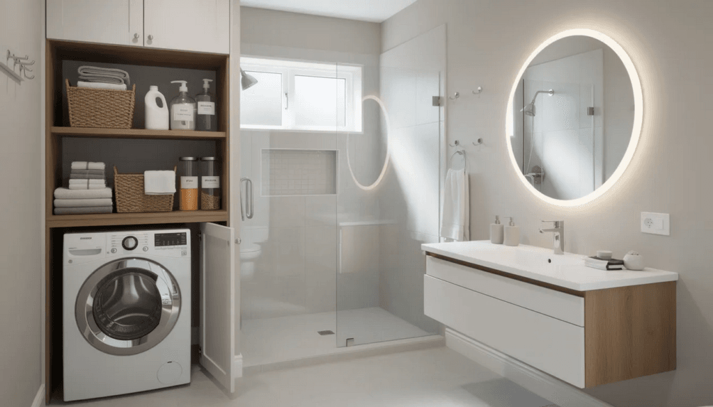 Laundry room design with mirror The image depicts a stylish and functional bathroom laundry room combo featuring a compact washer and dryer installed next to a sleek sink and modern vanity Clever shelving above the machines maximizes storage for cleaning supplies making efficient use of the small space while maintaining a tidy and organized look