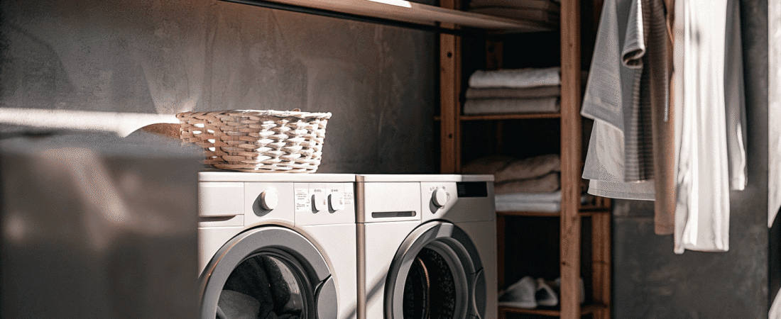 Laundry room ideas A laundry room with a washing machine dryer woven basket and neatly arranged towels and shirts on shelves