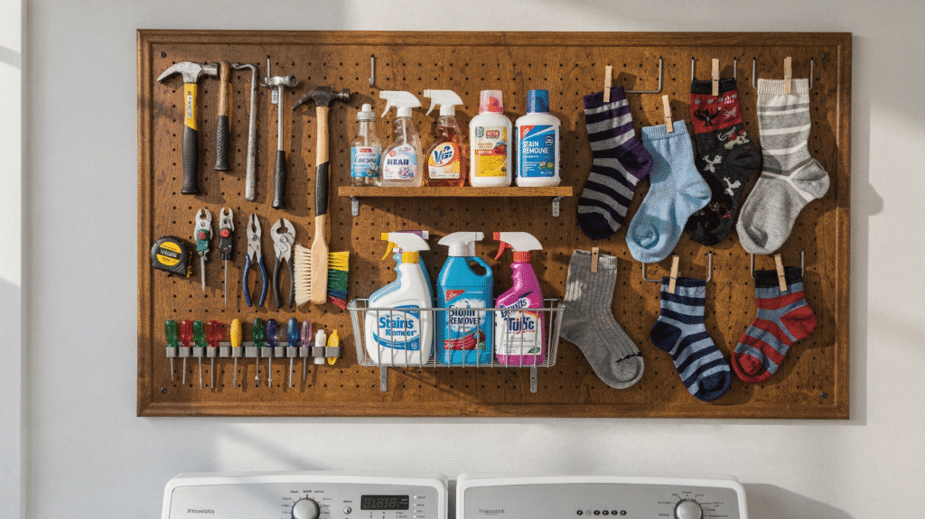 Pegboard A pegboard with various tools cleaning products and colorful socks hanging on it