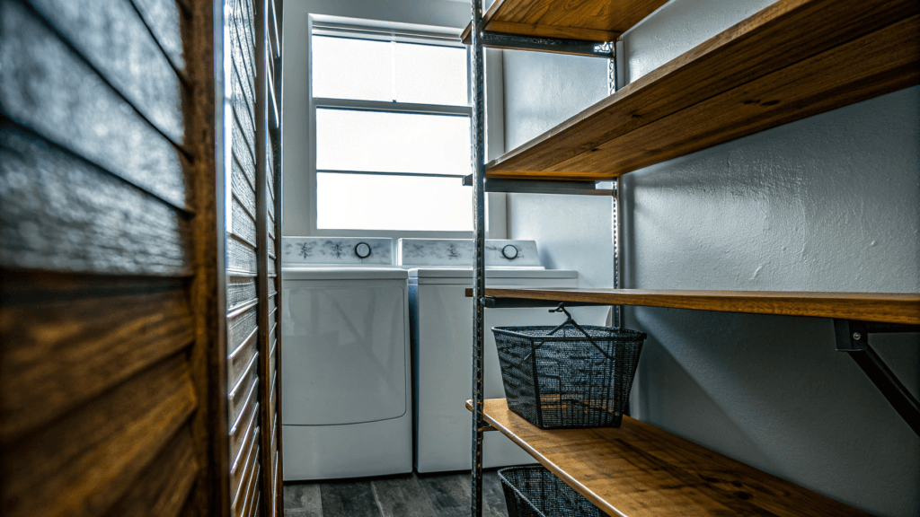 Reclaimed wood shelves A laundry room with two white appliances wooden shelves and a black basket