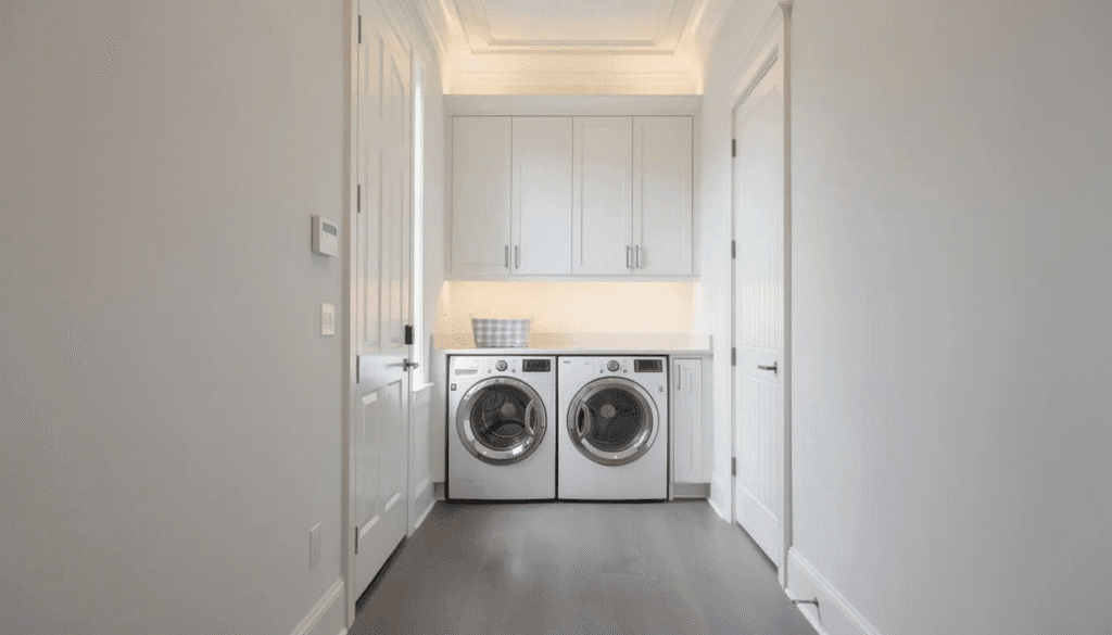 Shaker cabinets The image features a small laundry room designed with shaker cabinets and white cabinetry creating a clean and organized look The space is brightened by white walls and a wood or gray floor enhancing the overall aesthetic with a cohesive color palette that makes the room feel larger