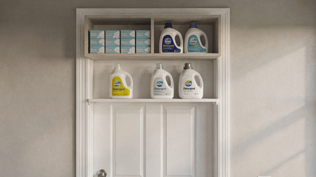 Shelves Shelves with bottles of laundry detergent and dryer sheets in a laundry room