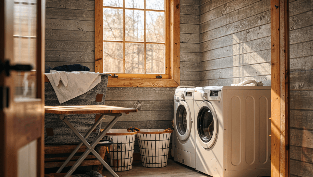 Shiplap panel A cozy laundry room with a window two washing machines a folding table and laundry baskets