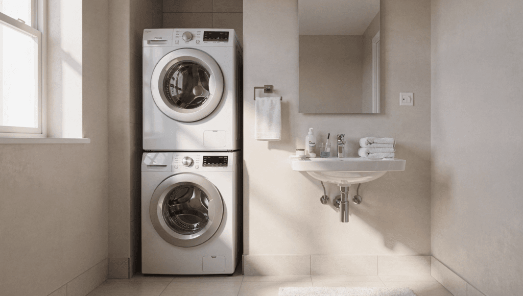 Small bathroom laundry combo This image showcases a small bathroom laundry combo featuring a compact washer and dryer a utility sink for convenience and light colors that create an airy feel The layout is designed to maximize space blending laundry and bathroom functions while maintaining a cohesive and stylish appearance