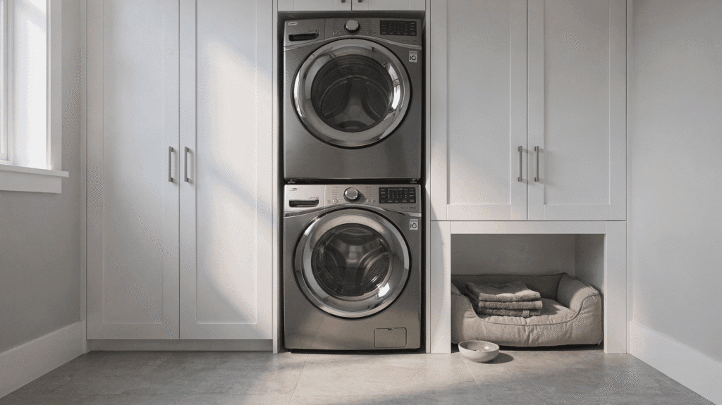 Stack em high The image showcases a small laundry room featuring a stacked washer and dryer which maximizes floor space and creates an open organized atmosphere The room is designed with white cabinets and walls providing a modern aesthetic while a cozy area for a dog rests beneath the appliances enhancing the overall functionality of the space