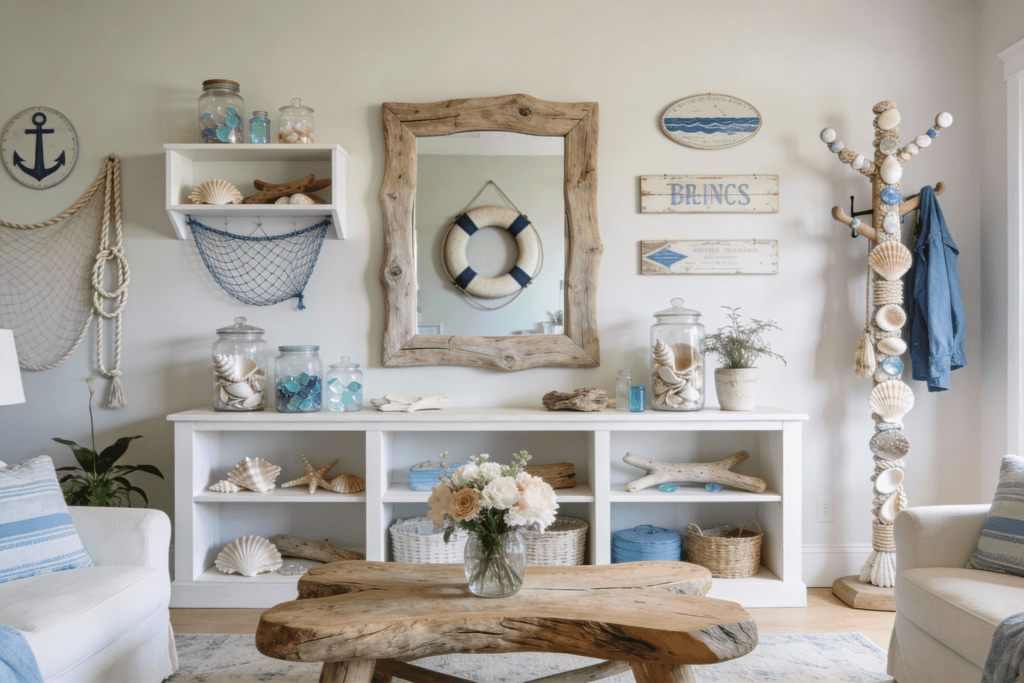 Coastal cottage interior with nautical and natural accents inspired by beach life  decorative shells driftwood and sea glass displayed in glass jars and on open shelves vintage nautical signs fishing nets and rope details used as wall decor and styling accents A rustic driftwood coffee table and a driftwood framed mirror as focal pieces An old life ring hanging on a soft neutral wall as a playful statement feature Custom handmade coat rack created from beach finds Fresh flowers and simple indoor plants adding natural freshness Light airy and relaxed beach atmosphere sun washed color palette of whites sand and soft blues casual and welcoming coastal charm high detail cozy seaside cottage interior scene