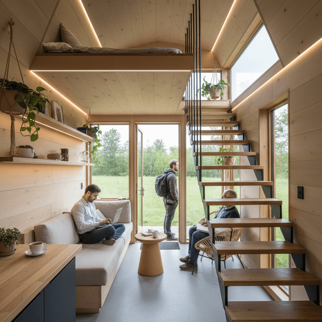 Photograph of a modern minimalist tiny home interior with three men engaged in work relaxation and connection with nature showcasing a balanced lifestyle