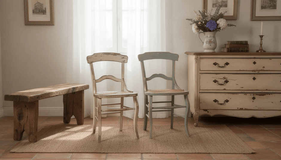 The image features a cozy living room adorned with vintage furniture including rustic wooden benches and antique dressers that embody the charm of French country decor Large windows allow natural light to fill the space enhancing the inviting atmosphere and showcasing the classic architectural details