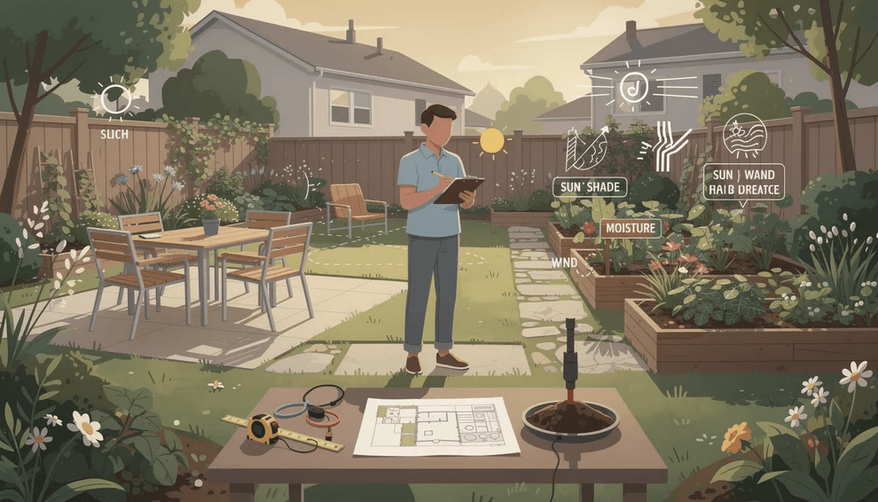 An image depicting a small garden assessment showcasing a cozy outdoor space with various small plants container gardens and raised beds The setting is designed to accommodate activities like enjoying morning coffee with visual interest created by flowering shrubs and a small water feature making it an inviting area for family and guests