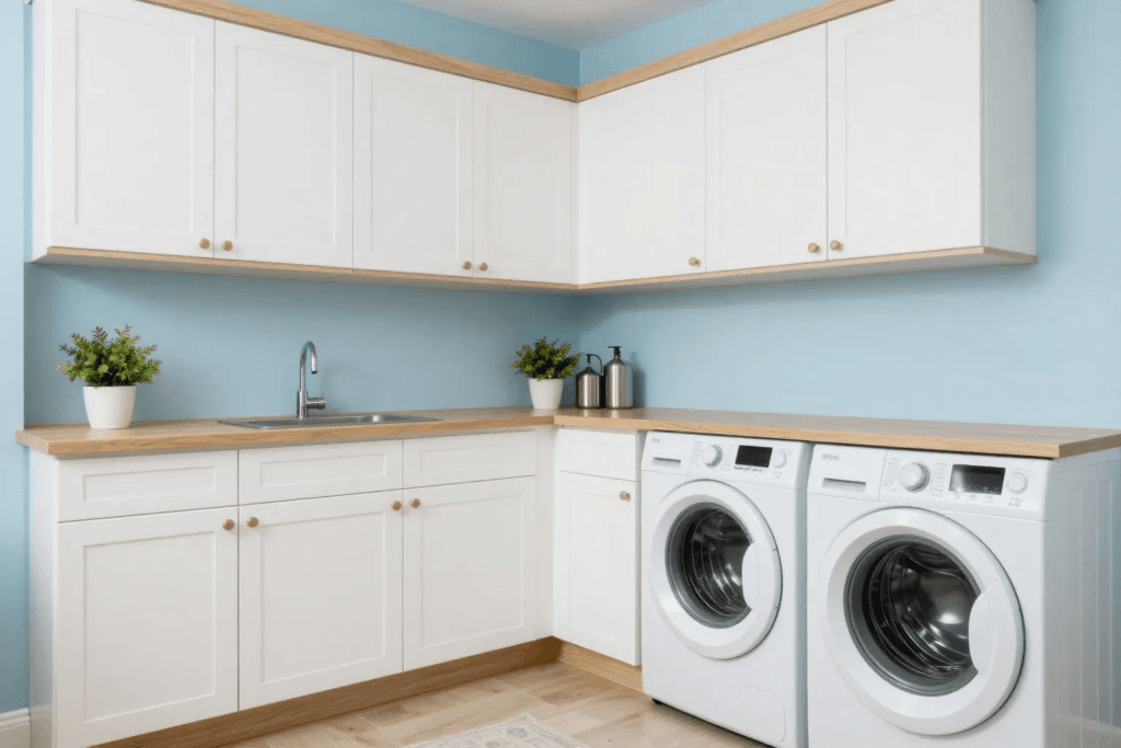 Laundry room with baby blue walls white shaker cabinets and wooden shelves