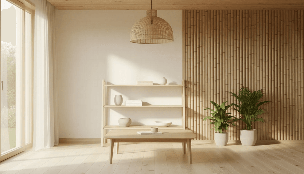 The image showcases a modern Japanese style apartment interior featuring light wood and bamboo elements that create a warm and organic atmosphere Large windows allow natural light to fill the space enhancing the elegant and minimalist design while incorporating a playful touch of nature