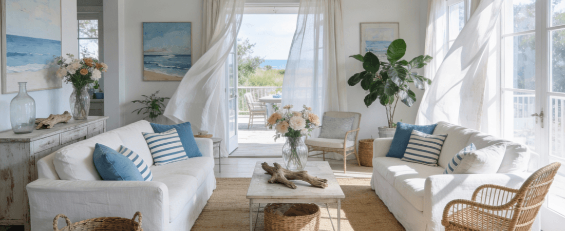 Beach cottage interior decor with a light airy and relaxed coastal feel  soft white and sandy neutral color palette with gentle ocean blue accents sun washed wood furniture slipcovered sofas and breezy linen curtains moving in natural light Natural textures like jute rugs woven baskets rattan chairs and driftwood accents throughout the space Subtle coastal details such as glass vases soft striped pillows and simple seaside artwork Fresh flowers and leafy plants adding a natural touch Open uncluttered layout calm and inviting atmosphere casual elegance cozy and timeless beach cottage style high detail serene coastal living room scene