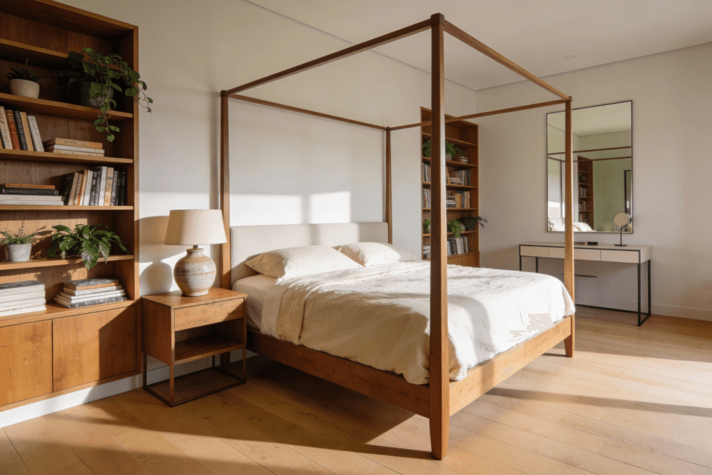 The image depicts a small bedroom interior featuring a cozy layout with a four poster bed and a bedside table maximizing valuable floor space Natural light floods the room enhancing its airy feel and showcasing clever storage solutions like built in shelving and a dressing table