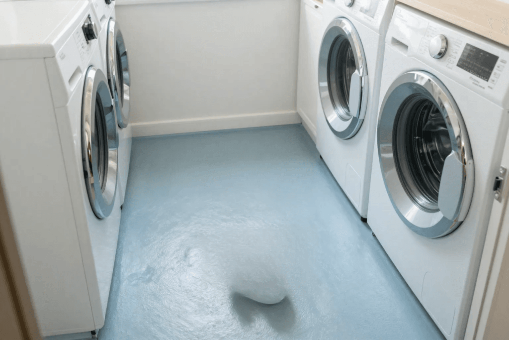 Laundry room with light blue painted floors and white cabinets