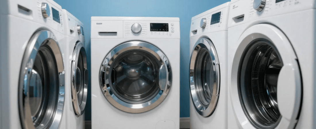 A couple of washing machine next to a blue wall