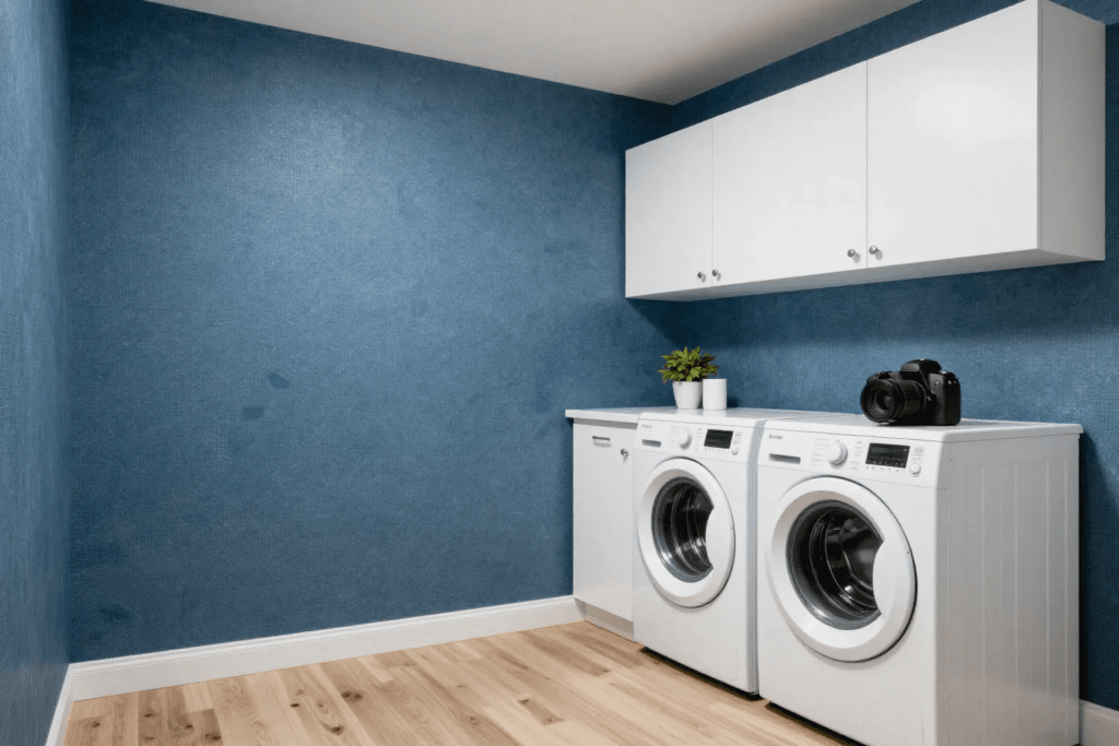 Modern laundry room with blue patterned wallpaper and white cabinets