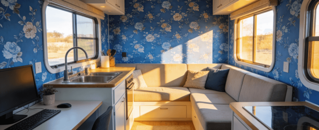 Blue wallpaper tiny house ideas Photograph of a beautifully designed tiny house interior featuring blue floral wallpaper a cozy L shaped sofa a compact kitchen and a functional workspace emphasizing stylish and efficient compact living