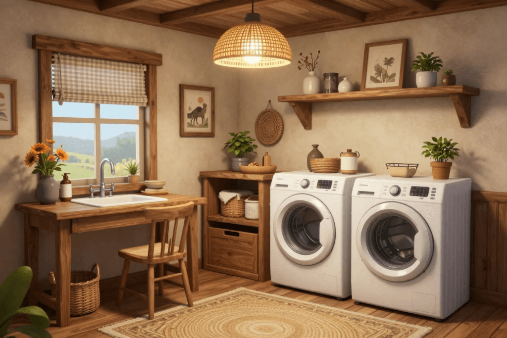 Boho farmhouse style laundry room with rustic and eclectic decor in Bloxburg