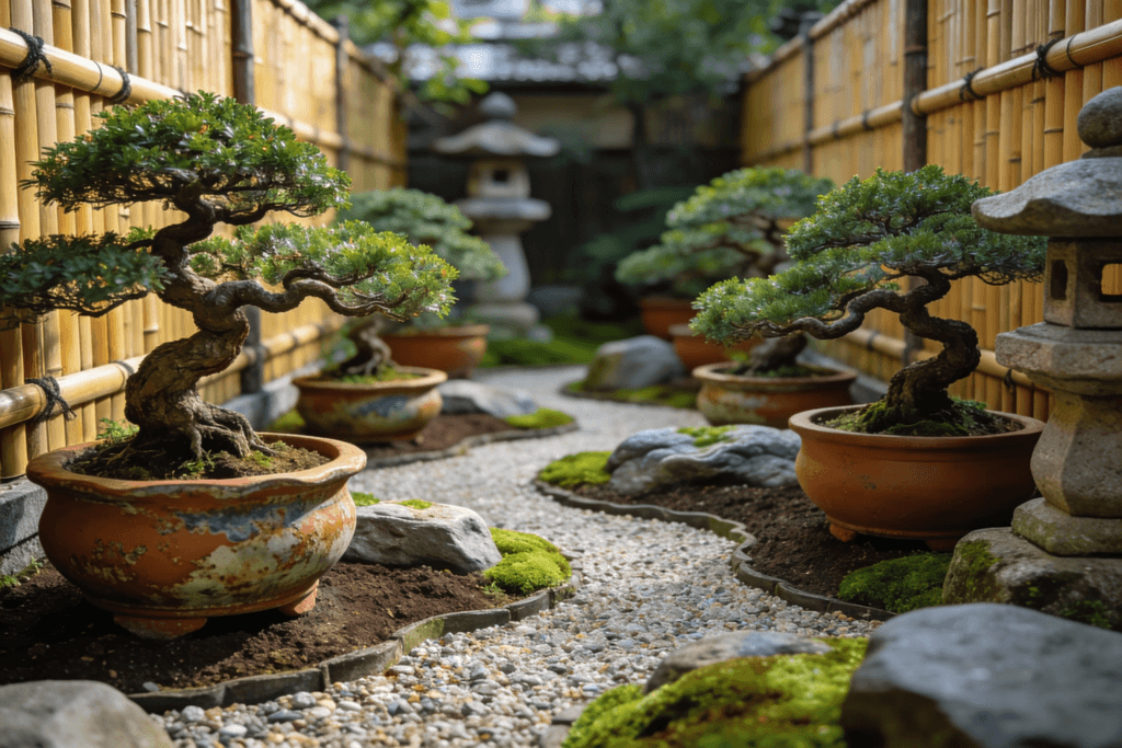 Bonsai trees in a garden