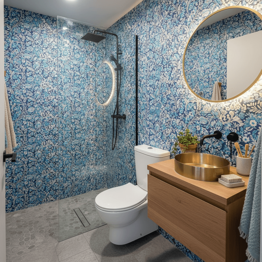 Botanical prints in the bathroom Photograph of a modern stylish bathroom featuring vibrant blue floral wallpaper a brass sink and sleek black fixtures creating a luxurious and refreshing ambiance