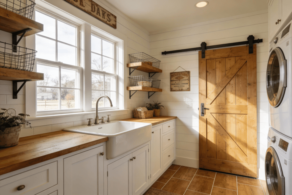 Bright farmhouse laundry room with white shaker cabinets farmhouse sink sliding barn door and rustic decor