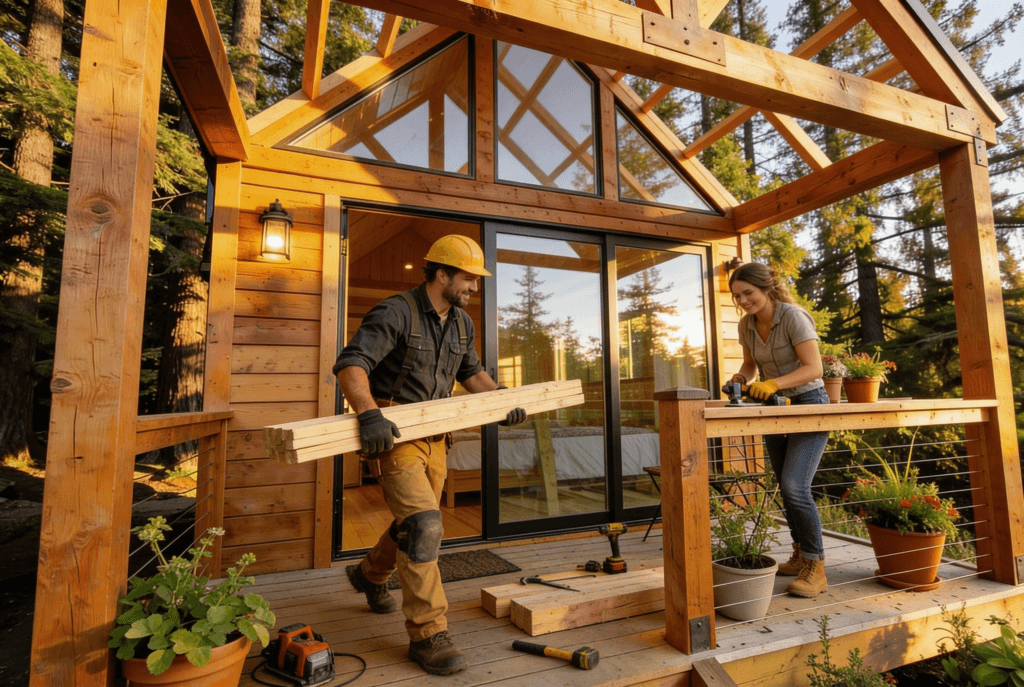 A newlywed couple is seen working together on their timber framed tiny house surrounded by trees in a serene northern California setting The scene captures their dedication and teamwork as they build a personalized home that reflects their shared dream and commitment