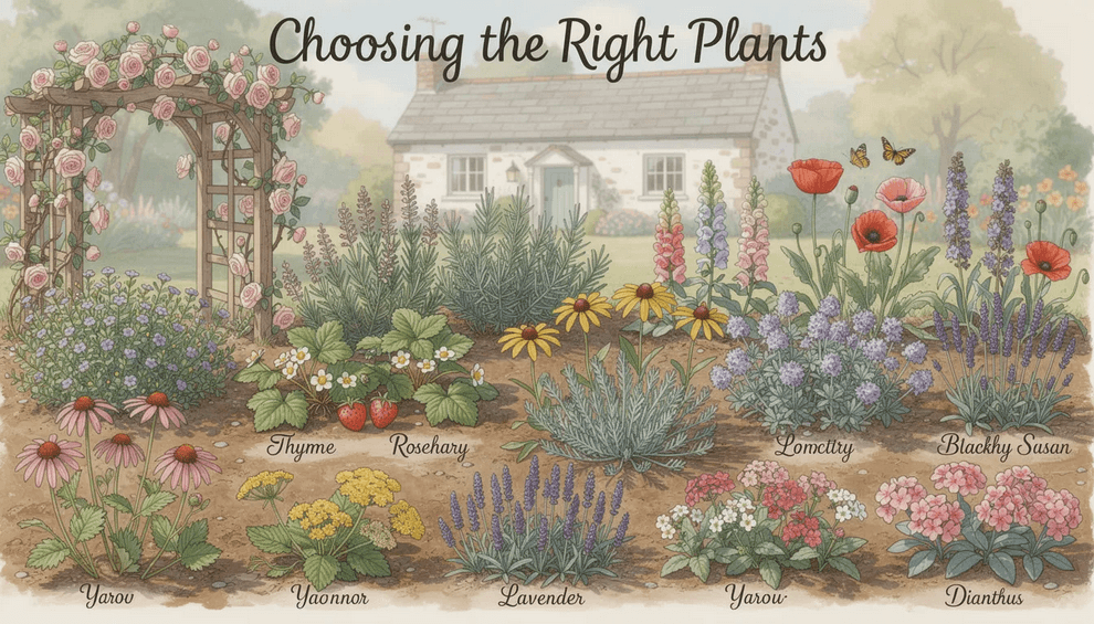 The image showcases a vibrant cottage garden filled with a variety of plants including climbing roses lavender and poppies arranged in an informal design The lush foliage and colorful flowers create an inviting atmosphere typical of a traditional cottage garden complete with a charming gravel path winding through the greenery