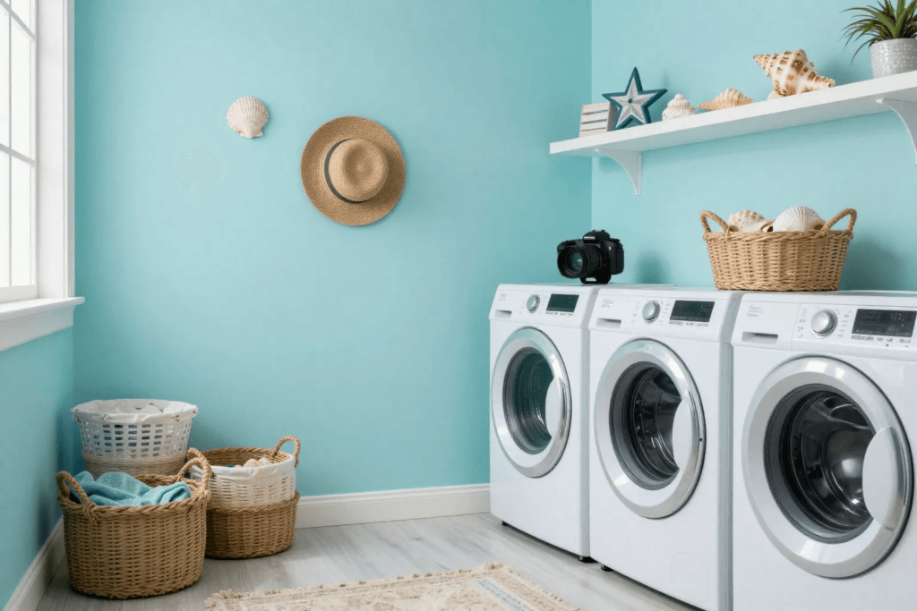 Coastal style laundry room with aquamarine walls and nautical decorations