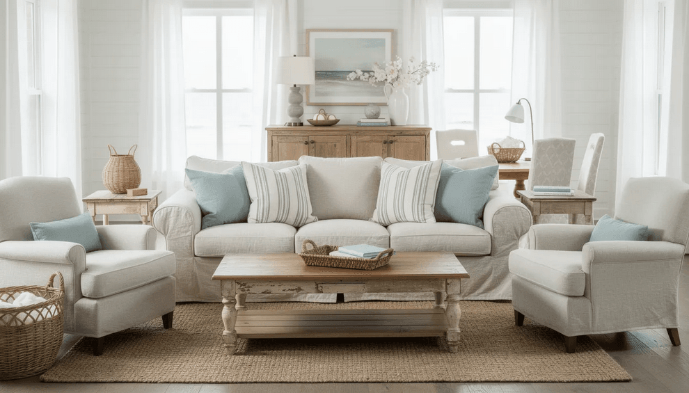 The image showcases a cozy beach cottage living room featuring comfortable furnishings including a slipcovered sofa and armchairs in soft natural textures The decor emphasizes a beachy vibe with coastal colors of blue and white complemented by vintage accents that enhance the relaxed atmosphere of coastal living