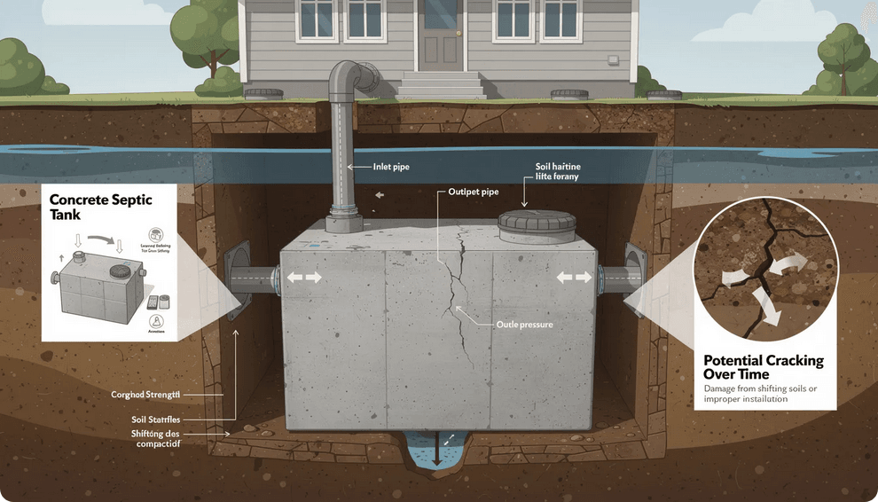 The image depicts a robust concrete septic tank showcasing its heavy and durable structure designed to withstand high groundwater conditions This traditional septic system is known for its longevity but may require maintenance to prevent cracking due to soil movement