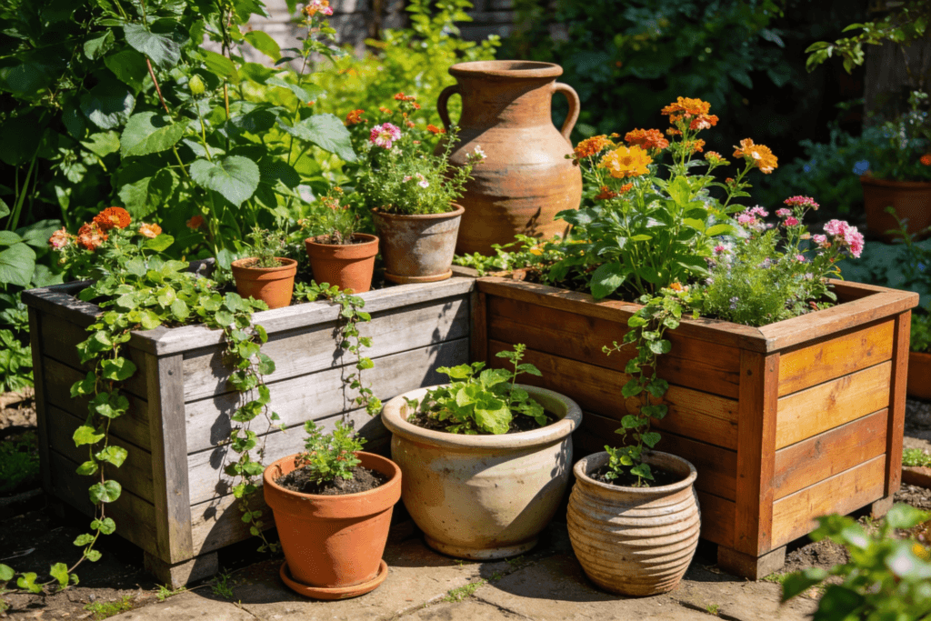 A couple of pots and planters of various shapes and sizes on the floor outside