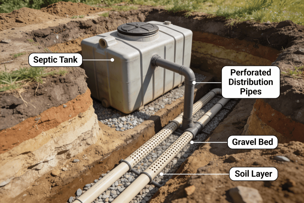 The image illustrates a diagram of a conventional septic system featuring a septic tank and a leach field designed to treat wastewater effectively The system's key components, including perforated pipes and the surrounding soil, are shown to demonstrate how treated effluent is dispersed and purified naturally.