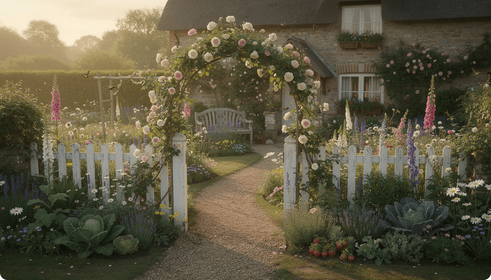 A charming cottage style garden features a mix of colorful flowers climbing roses and aromatic herbs all intermingling in a lush informal design Picket fences and quaint garden structures enhance the inviting atmosphere creating a vibrant space that celebrates the beauty of nature and easy care cottage garden plants