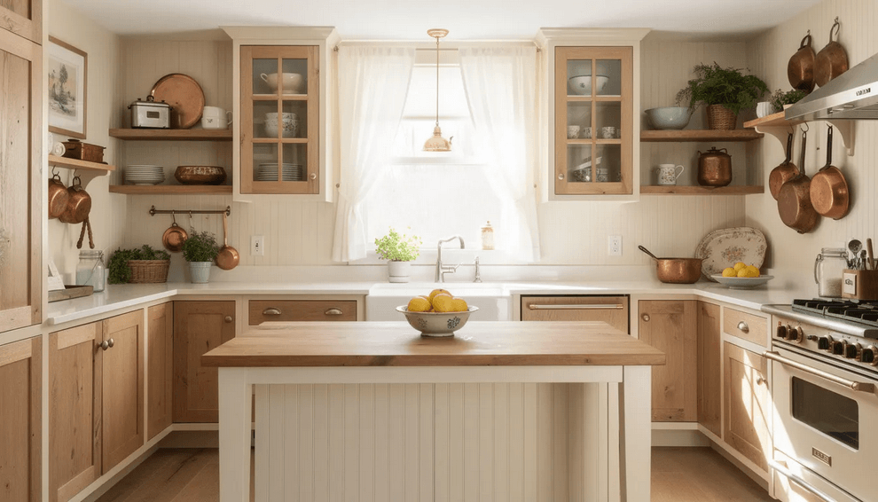 The image depicts a cozy cottage style kitchen featuring a blend of rustic charm and modern elements including shaker style cabinets a farmhouse sink and butcher block countertops The space is filled with vintage finds copper pots and open shelving creating a welcoming atmosphere perfect for family gatherings
