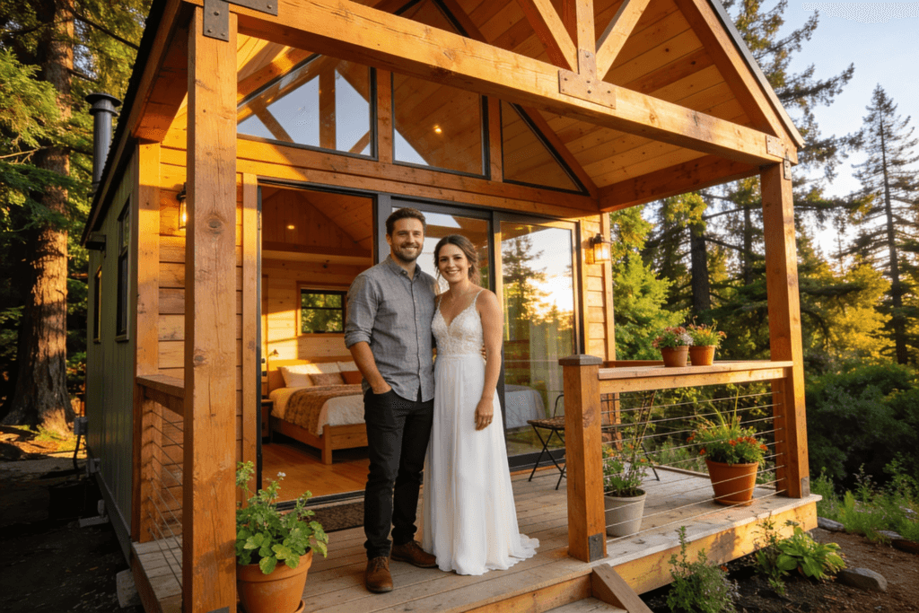 The image showcases a newlywed couple Edwin and Clara standing proudly in front of their timber framed tiny house which they built together Surrounded by lush trees in Northern California the tiny home features high ceilings and a cozy outdoor space embodying the essence of tiny home living and a simpler more intentional lifestyle