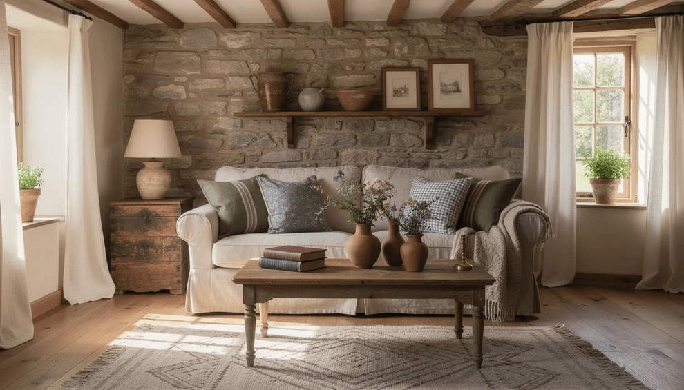 The image showcases a cozy country cottage living space adorned with wooden furniture stone accents and raw cotton textiles creating an inviting atmosphere Soft greens and muted blues complement the warm neutrals while vintage pieces like handmade pottery and a rustic coffee table add character and visual depth to the decor