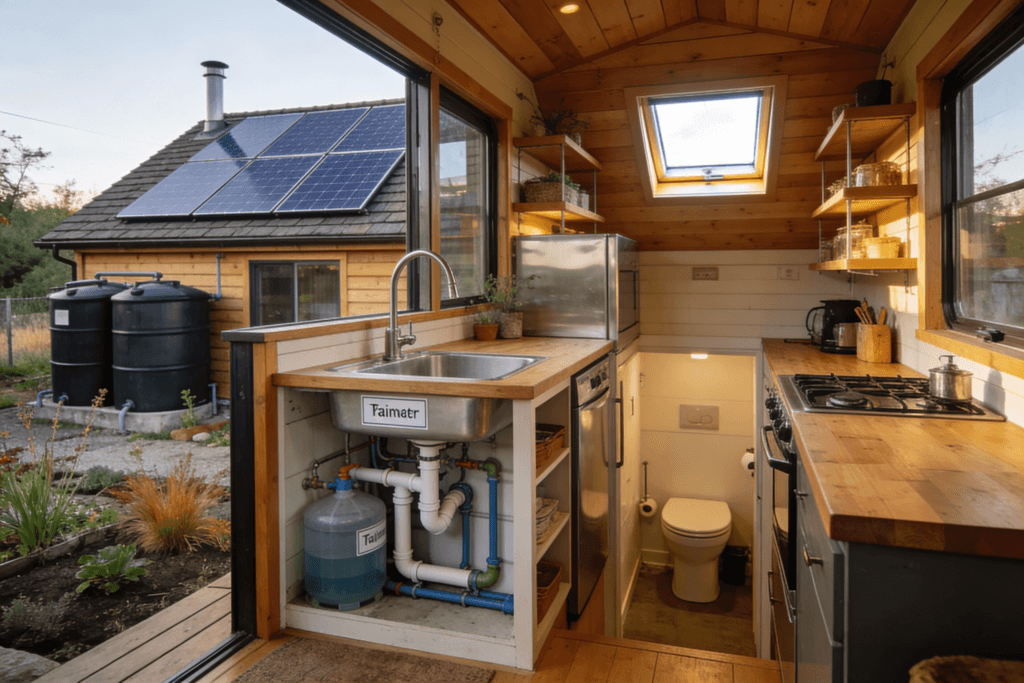 The image depicts a cozy off grid tiny house featuring essential systems for sustainable living including a fully equipped kitchen modern plumbing for water management and a composting toilet for eco friendly waste disposal The design emphasizes energy efficiency and water conservation showcasing features like rainwater harvesting and greywater recycling systems to support a self sufficient lifestyle