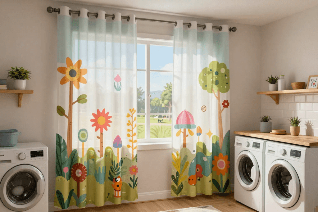 Creative curtains made from decals decorating windows in Bloxburg laundry room