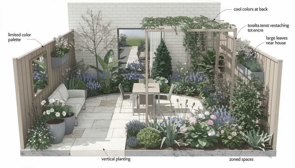 The image showcases a beautifully designed small garden featuring a mix of vibrant plants in raised beds strategically placed to maximize the limited space With a limited color palette of greens blues and purples the garden creates a serene atmosphere enhanced by the use of vertical elements and large containers that add structure and visual interest