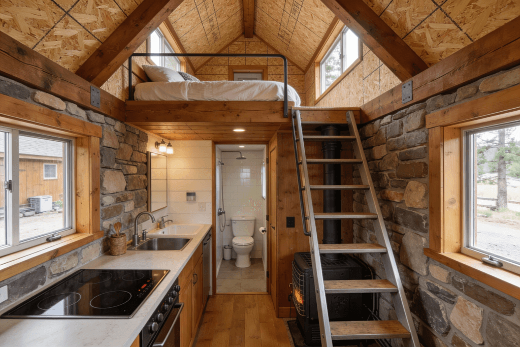 Interior of a timber tiny house