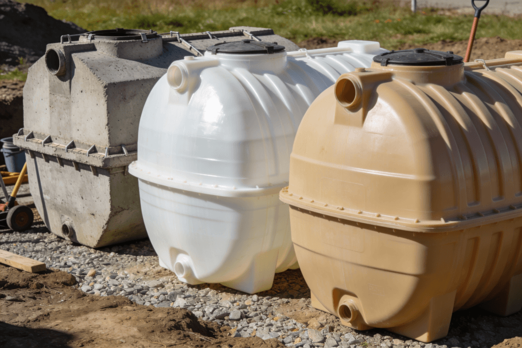 The image showcases various types of septic tanks including concrete fiberglass and plastic options highlighting their unique features and benefits for small septic systems Concrete tanks are durable and heavy fiberglass tanks are lightweight and corrosion resistant while plastic tanks are cost effective and easy to install making them suitable for different installation needs and environments