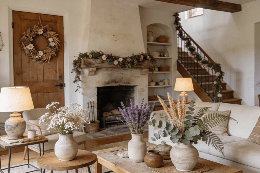 Earthy cottage living room decor featuring dried flowers and greenery  delicate dried babys breath lavender and wheat arranged with eucalyptus and ferns in soft natural toned vases on a coffee table and side table plus a dried floral wreath on a wooden door A cozy garland of dried flowers and greenery draped over a rustic fireplace and along a staircase Warm welcoming atmosphere with layered natural textures handmade pottery soft table lamps open shelving and a relaxed lived in cottage charm Soft natural light warm neutral color palette elegant yet cozy styling high detail inviting and timeless interior scene