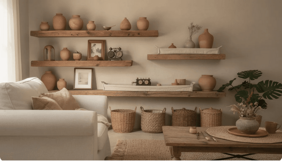 The image showcases an inviting earthy cottage living space with open shelving made from natural materials like wooden beams and raw cotton Displayed on the shelves are handmade pottery woven baskets and decorative objects creating a warm and relaxed atmosphere that adds depth and visual interest to the room