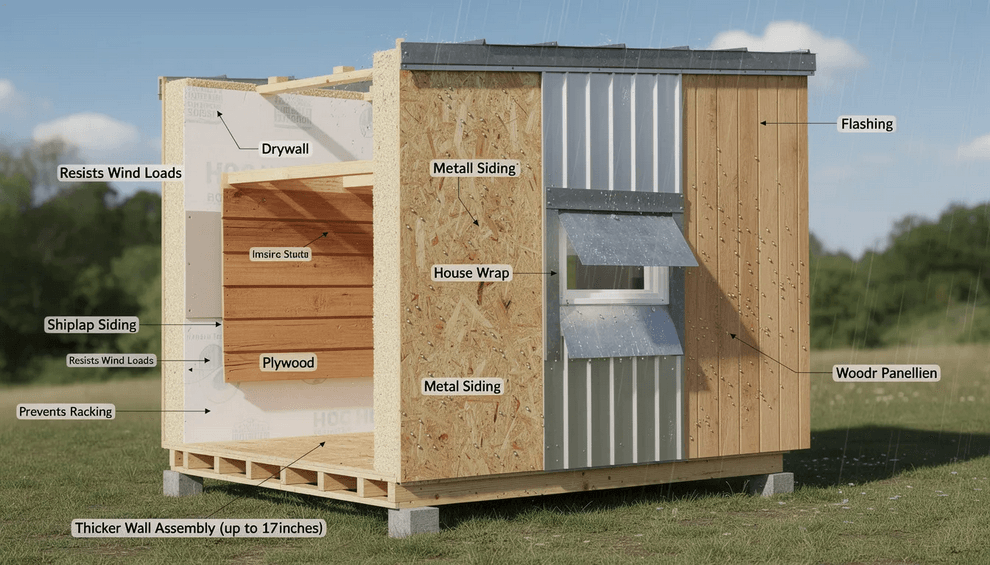 The image showcases the exterior wall components of a tiny house highlighting the layers of sheathing insulation and various siding options like shiplap and metal It emphasizes the importance of wall thickness and weather resistance in tiny homes illustrating how these elements contribute to both aesthetic appeal and structural integrity