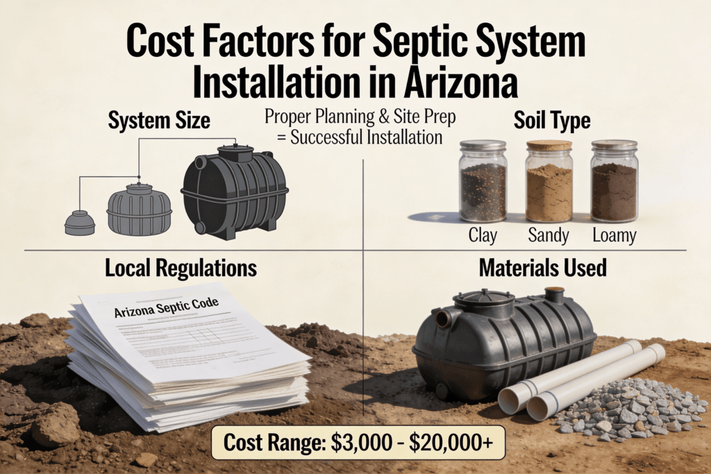 The image illustrates various factors influencing the cost to install a septic system in Arizona highlighting aspects such as system size soil type local regulations and materials used It emphasizes the importance of proper planning and site preparation for a successful septic tank installation with costs ranging from 00 to 000 or more